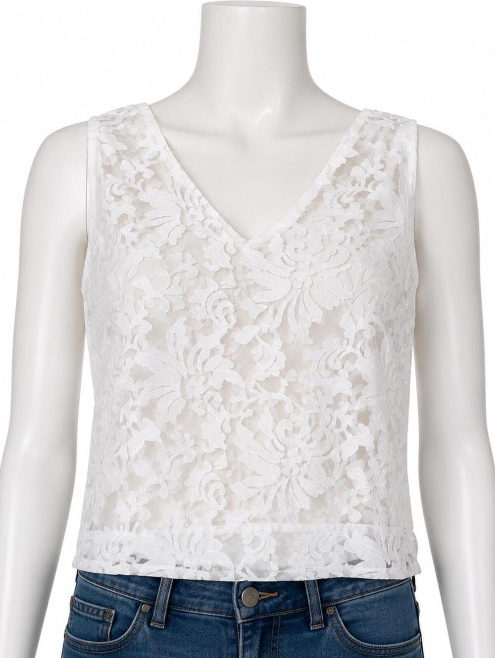 White Floral Lace Sleeveless Crop Top Women's Sheer Overlay V-Neck - M EUC
